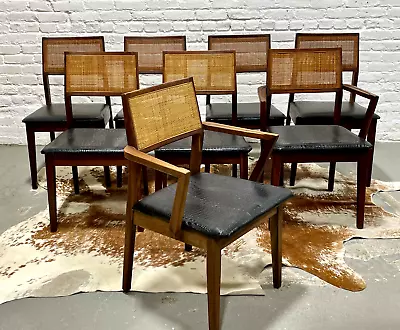 WALNUT Mid Century Modern CANED Dining CHAIRS Set Of Eight • $3850