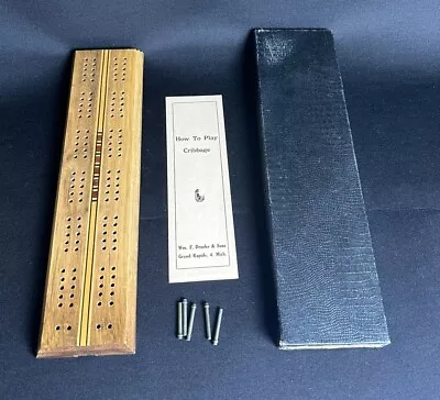 Vintage DRUEKE Inlayed Walnut Cribbage Board No 9 Five Metal Pegs Org Box • $15.99