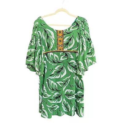 Anthropologie Vanessa Virginia Sz 4 Green Palm Leaf Embroidered Dress Boho Chic • $36.97