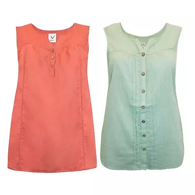 Mantaray Womens Cotton Sleeveless Blouse Round Notch Neck Henley Placket • £12.95