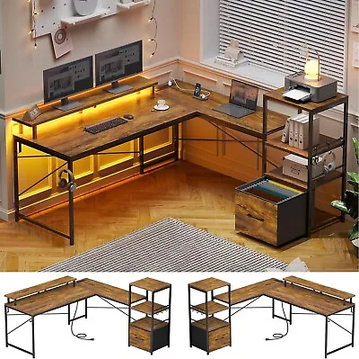 L Shaped Desk Corner Gaming Desk With Power Outlets&LED Lights Home Office Desk • $119.97