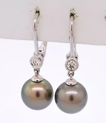 Mikimoto 14k White Gold 0.14ct VS Diamond + Tahitian Pearl Dangle Earrings • $285