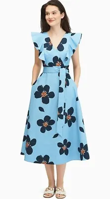Kate Spade New York BLUE Women's Grand Flora Poplin Midi Dress US 14 • $158.88