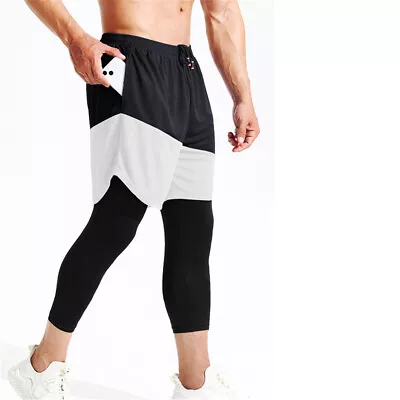 Mens Leggings With Shorts Compression Running Sports 3/4 Pant GYM Tight Trouser • $27.34