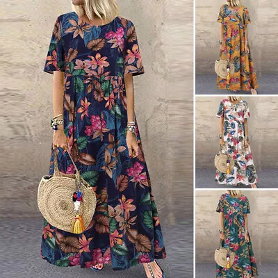 ZANZEA 8-24 Womens Short Sleeve Loose Waist Cocktial Bohemian Hippie Long Dress • $28.11