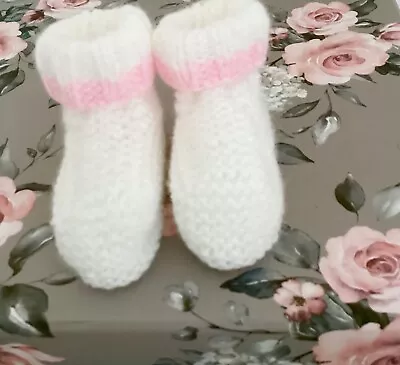 Hand Knitted White And Pink Baby Girl Booties 0 - 3 Months • £3.40