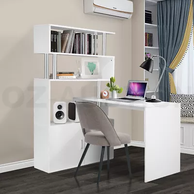 Office Computer Desk L Shaped Rotating Corner Study Writing 3 Bookshelf White • $219.95