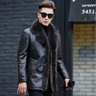Men's Fur Collar Coat Mid-length Thickened Fur One-piece Genuine Leather Jacket • $159.99