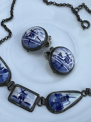 Delft Earrings And Necklace Set Sterling Silver Vintage • $50