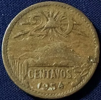 Mexico 1954 - 20 Centavos Bronze Coin - Pyramid Of The Sun At Teotihuacán • $2