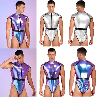 Mens Shiny Leather Halloween Astronaut Costume Zip Bodysuit Cap Sleeve Leotard • £5.51