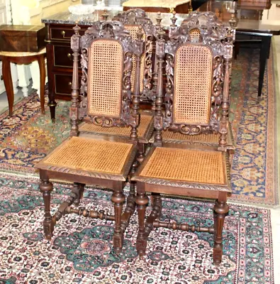 Set Of 4 French Antique Louis XVI Oak Caine Seat Dining Chairs • $2000