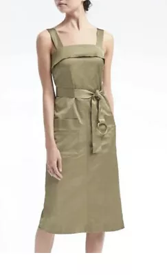 NWOT BANANA REPUBLIC Sz2 VICUNA SQUAER NECK BELTED MIDI DRESS OLIVE • $49.95