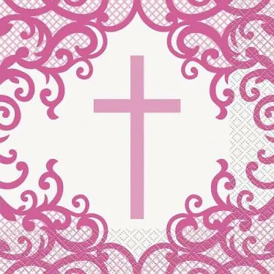 Pack Of 16 Fancy Pink Cross Napkins / Serviettes Communion Confirmation - New  • £2.95