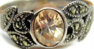 Vintage Women Ring Citrine & Marcasite Sterling Silver Patina 3.45g SZ 6 1/2 • $47.99