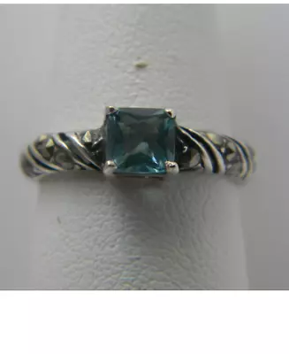 925 Sterling Silver Princess Blue Topaz Solitaire W/Marcasite Accent Ring Sz 6.5 • $24