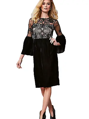 Kaleidoscope Size 14 Black Bell Sleeve Lace & Velvet Occasion Party DRESS £85 • £34.99