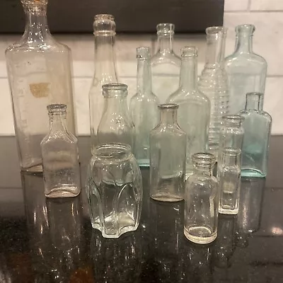 Lot Of 15 Assorted Antique Vintage Apothocary And Misc Glass Bottles Blue Clear • $32