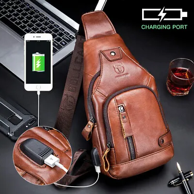 Mens Shoulder Bag Genuine Leather Chest Bag Sling Backpack Crossbody Bag UK New3 • £28.99