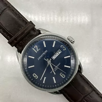 Armitron Watch Men 39mm Silver Tone Day Date Round Blue Dial - New Battery • $28.99