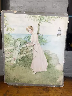 Vintage Watercolor WOMAN W/ Background LIGHTHOUSE 24  X 20 3/4  • $79