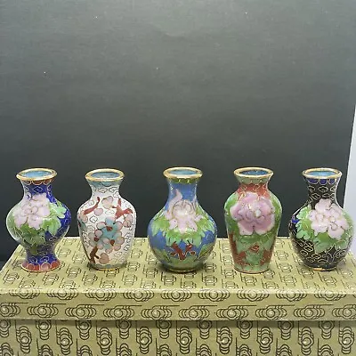 Vintage 5 Cloisonne Vases Mini Miniature Set Lot Box With Wooden Stand Enameled • $105