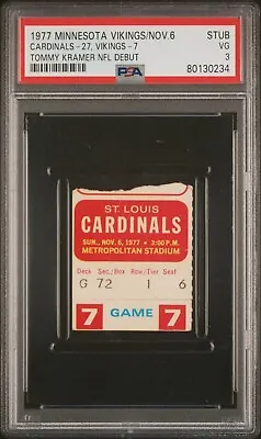 November 6th 1977 Vikings QB Tommy Kramer NFL DEBUT 1st Game Ticket Stub PSA 3 • $263.24