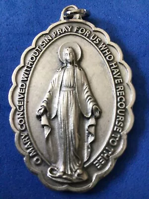 VIRGIN MARY MIRACULOUS Devotion 2-1/4” Saint Medal Italy Silver Tone • $14.98