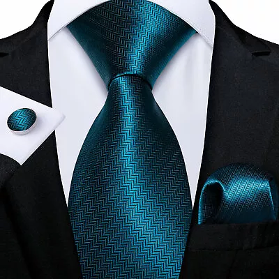 DiBanGu Wedding Blue Silk Solid Mens Tie Necktie Pocket Square Cufflinks Set • £8.81