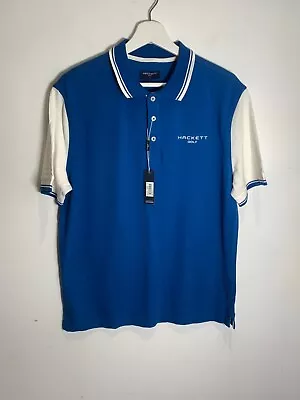 Hackett Golf Men's Polo TShirt Size M NEW Blue White Cotton Pique Logo Collar • $36.59