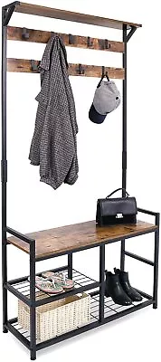 $73.99 • Buy Coat Rack Shoe Bench Hall Tree Entryway Storage Bench With Metal (Rustic Brown)
