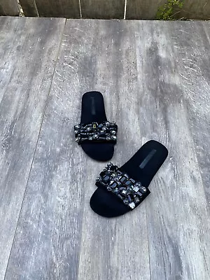 Zara Basic Black Rhinestones 💎Sandal Slides Womens Embellishment Shoes Sz 36 • $29