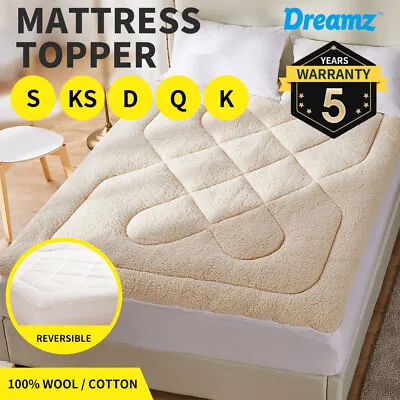 $68.99 • Buy DreamZ Mattress Protector Topper Fully Fitted Wool Underlay Reversible Mat Pad