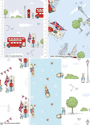 Crafts Fabrics Peter Rabbit London Eye Bus Park Snow Sky 100% Cotton Fabric Kids • £6.99