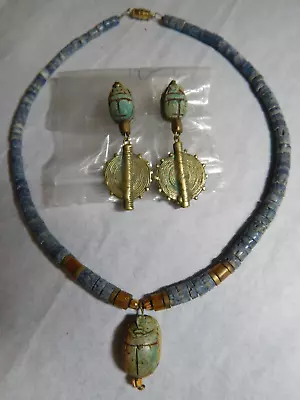 Vintage Egyptian Revival Scarab Set: Necklace Earrings • $8