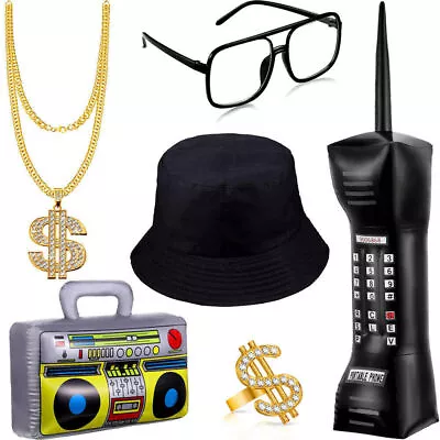 Adults 80s 90s Rapper Costume Sets Bucket Hat Glass Necklace Ring Accessories﹤ • £18.79