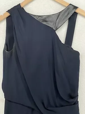 J. MENDEL Dress 6 Sheath Silk Georgette Leather Pleated Sleeveless Navy Blue • $68.60