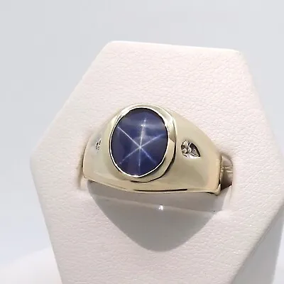 Dason 10k Gold Lindy Blue Star Sapphire Ring Natural Diamond Unisex Sz9 • $399