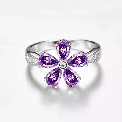 $93.74 • Buy 2CT Pear Cut Lab Created Amethyst Flower Engagement Ring 14K White Gold Plated