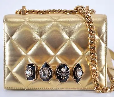 $1358.05 • Buy New Alexander McQueen Gold Leather 4 Knuckle Jewel Skull Crossbody Satchel Purse