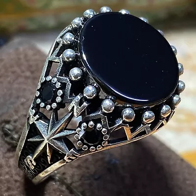 Engraved 925 Sterling Silver Men's Ring With Black Onyx Gemstone Natural Jewelry • $50