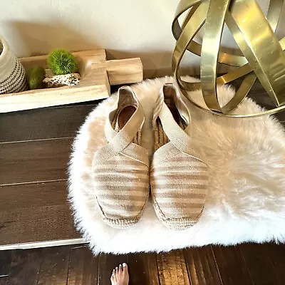 Michael Kors  Espadrille Flats Shoes Tan Cream Canvas Slip On Womens Size 7.5 • $19.99
