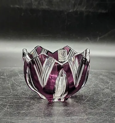 CAESAR BOHEMIAE Amethyst Crystal Cut To Clear Small Lotus Bowl Czech Signed 3  • $39.99