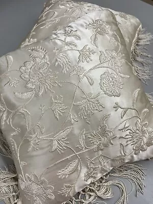 PAIR Vintage Silk Flower Embroidered & Fringed Decorative Pillows; Off-white 15  • $35