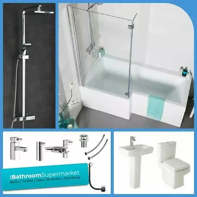 1500mm Bathroom Suite L Shaped Bath Basin Toilet Taps With Shower • £599.95