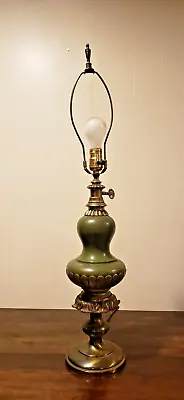 Vintage Leviton Cast Enameled Green & Gold Tone Metal Heavy Brass Table Lamp 31  • $39.99