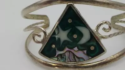 Vintage Mexico Alpaca Silver & Abalone Bracelet W Moon Star Design 7 • $24