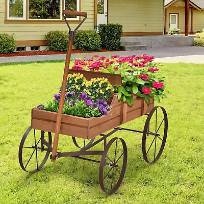 Wagon Garden Planter Cart Wooden Decorative Flower Pot Stand W/ 4 Large Wheels • £31.95