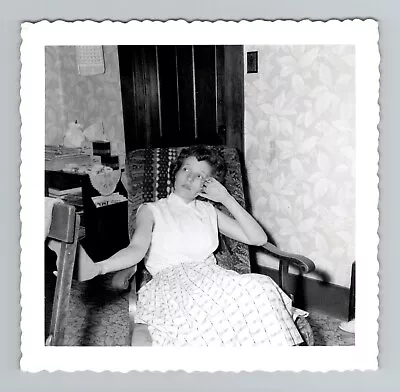 Vintage 50s 60s Photo - Young Women In Pretty Dress Posing In Chair B&W • $6.40