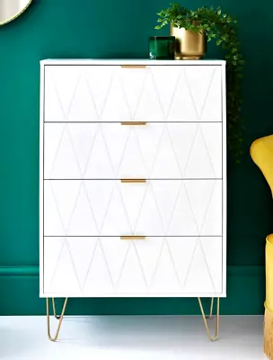 White Chest Of Drawer With Table Top Gold Legs 4 Drawer Chest Bedroom Furniture • £135.99